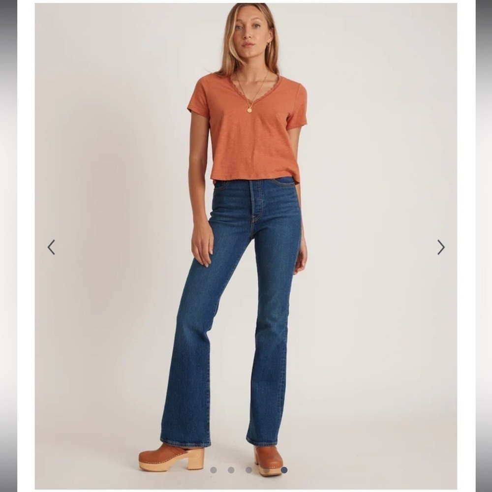 #212- MARINE LAYER- Rhea Lace Trim V-Neck Tee in Amber Brown